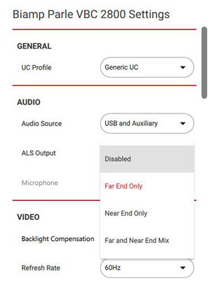 BCC screen showing audio source options on the Parlé 2800 bar