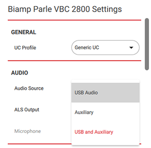 BCC screen showing audio source options on the Parlé 2800 bar